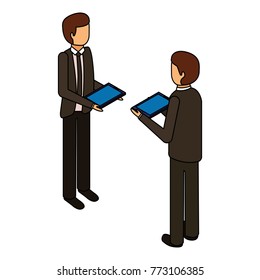 businessmen standing holding device technology isometric