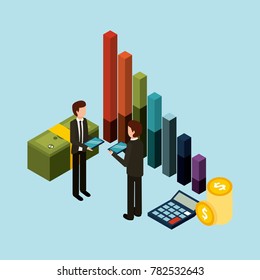 businessmen standing holding tablet graph bar money and calculator isometric