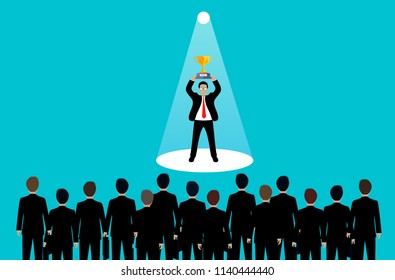 Businessmen standing holding trophies in the light. flashlight shining down. Recruiting personnel idea with excellent skill and talent. business success. creative. leadership. vector illustration. - Shutterstock ID 1140444440