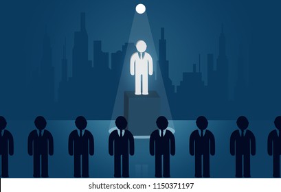 Businessmen standing in the light. flashlight shining down. Recruiting personnel idea with excellent skill and talent. business success. creative. leadership. vector illustration.