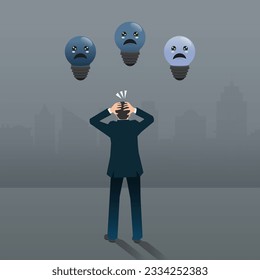 Businessmen standing looking at sad bulbs. Light bulbs off, no ideas and inspirations concept vector illustration