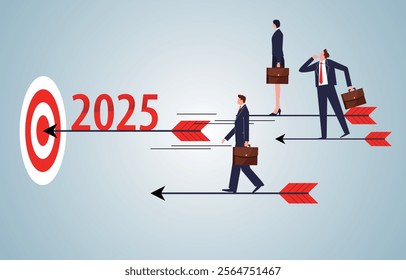 businessmen standing on the arrow of flight following 2025 forward