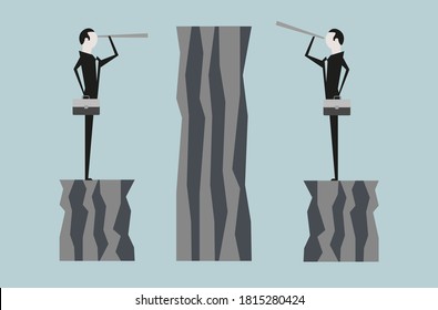 Businessmen standing on cliff's edge and looking through telescopes at the mountain on which they will climb, both looking for a different way to his goal, business concept challenges and goals