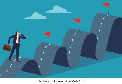 businessmen standing on a curved road looking at flag after flag on the road