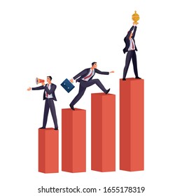 businessmen are standing on four pillars, one is jumping, the second is shouting into a shout, the third is holding a golden victory cup over his head, work, success, goal, isolated object on a white