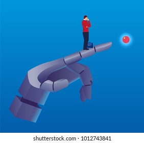 Businessmen standing on the mechanical arm and looking to the distance