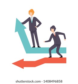 Businessmen Standing on Moving Down and Growing Up Arrows, Business Competition, Rivalry Between Colleagues, Office Workers Challenging Vector Illustration