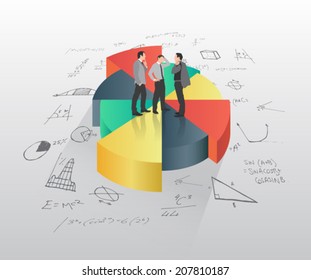 Empresarios parados en el gráfico circular con ecuaciones matemáticas sobre fondo gris