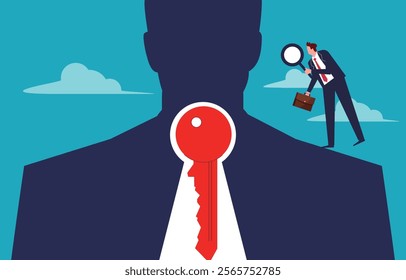 businessmen standing on the shoulders of giants with a magnifying glass to find the keys in the bodies of giants