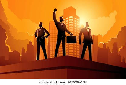 Businessmen standing on the top of a building, accomplishment, determination, conquer obstacles, vector illustration