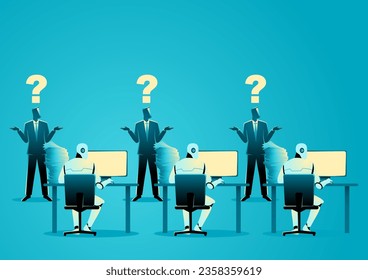 Businessmen in a state of confusion as artificial intelligence takes over their job roles. Symbolizes the challenges and adjustments in the modern workforce due to technological advancements