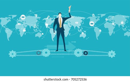 Businessmen staying  on the chain powered by gears and holding up the trophy. World map and many business and communication icons at the background.Concept illustration 