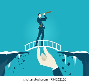 Businessmen staying on the safe bridge in risky situation and looking with the telescope for future opportunity.  Business concept illustration