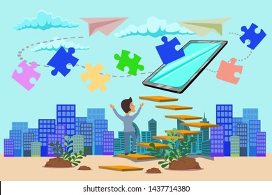 Businessmen step into the communication technology through the puzzle path.