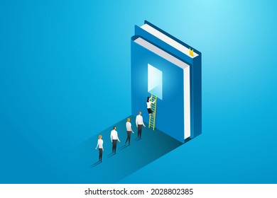 Businessmen and students climb stairs into door on the book. for education, knowledge, self-development and future growth opportunities. vector illustration