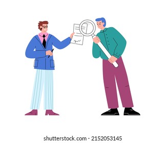 Businessmen study clauses of agreement or company rules, documents of regulatory compliance, flat cartoon vector illustration isolated on white background.
