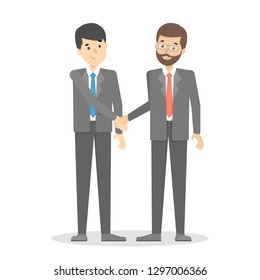 Businessmen in suit shaking hands as a sign of agreement. Business deal. Handshake, partnership and cooperation. Vector illustration in cartoon style