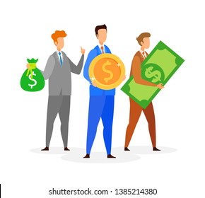 Businessmen in Suits Flat Vector Illustration. Business Development Team Cartoon Characters. Men Holding Coin, Money Bag and Huge Banknote. Successful Entrepreneurship. Corporate Teamwork