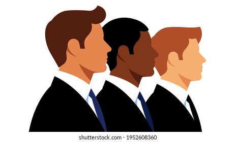 Businessmen in suits. Three young men in elegant black suits. The concept of teamwork, business, stock markets and trading. Modern vector illustration.