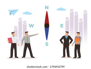 Businessmen surround on a compass. Concept of business planning, direction or leadership. Flat vector illustration.