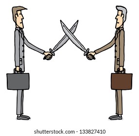Businessmen sword dueling
