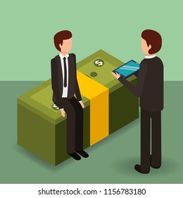 businessmen with tablet computer and pile banknotes money isometric