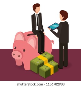 businessmen with tablet piggy bank and banknotes money isometric