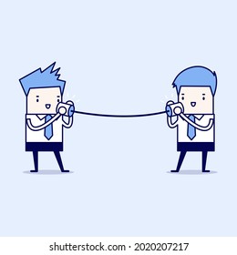 Businessmen talking on can phone. Cartoon character thin line style vector.