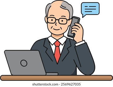 Businessmen talking on the phone, holding a pen and a laptop in front of them, vector illustration doodle drawing.