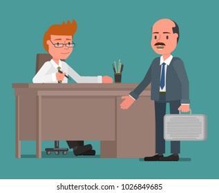 Businessmen are talking through the desktop. Vector illustration, a flat style design. Suitable for animation (individual segments)