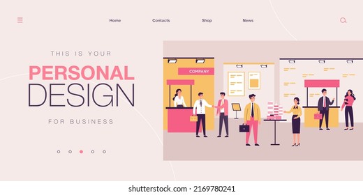 Businessmen talking to visitors at business exhibition. People at expo center showing products flat vector illustration. Marketing, presentation concept for banner, website design or landing web page