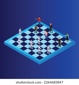 businessmen team competing against robots on chess board 3d isometric vector illustration concept for banner, website, landing page, ads, flyer template