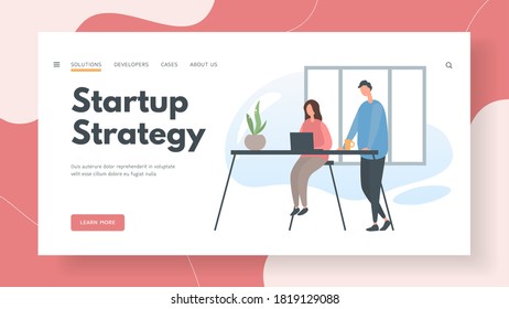 Businessmen team develop strategy for startup. Home page vector banner. Male and female characters at laptop working on new successful project. Corporate collaboration business breakthrough.