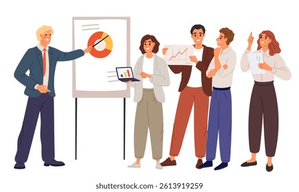 Businessmen team discuss business project. Employees communication. Man presenting report infographic at whiteboard. Office collogues group. Brainstorm and discussion