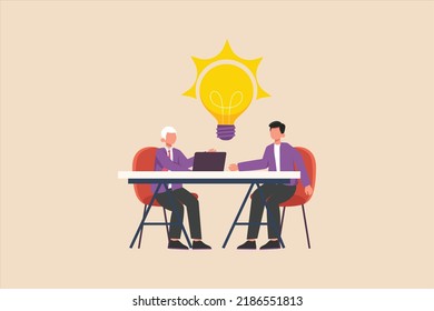 Businessmen Team Discussing About Business Idea. Training And Workshop Business Concept. Vector Illustration.