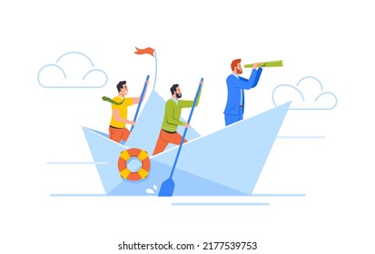 Businessmen Team Floating on Paper Ship Rowing with Paddles and Looking into Spyglass. Characters Sailing on Origami Boat. Work, Leadership, Motivation Concept. Cartoon People Vector illustration