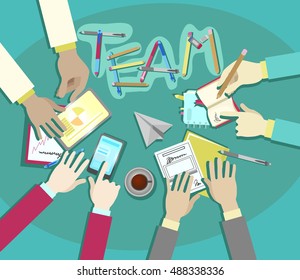Businessmen team hands working at office, Flat design modern vector illustration concept of teamwork analyzing project on business meeting, view from above