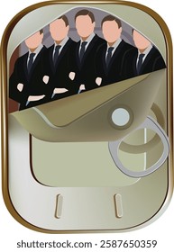 Businessmen team inside opened sardine can concept