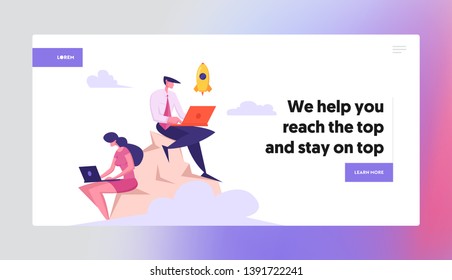 Businessmen Team with Laptop Working on Top of Mountain Landing Page. Developer Launch Rocket Start Up on the Peak. Freelancer Project Manager Character Concept Banner Website. Vector illustration