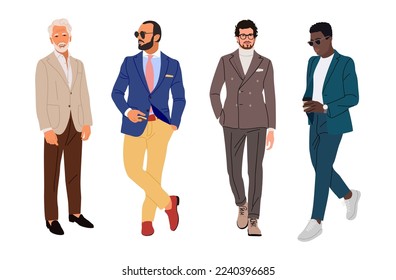 Businessmen team. Multinational cartoon men different ages and nationalities standing in modern smart casual outfit. Stylish confident men in formal business suits. Vector illustration isolated