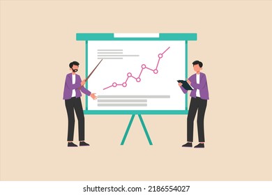 Equipo de hombres de negocios que presenta un gráfico a bordo en clase de entrenamiento. Concepto de actividades de capacitación y talleres. Ilustración vectorial.