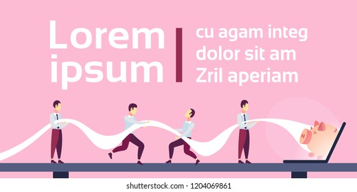 businessmen team pull huge bill check tape out laptop screen online piggy bank savings concept business men teamwork process horizontal copy space flat vector illustration