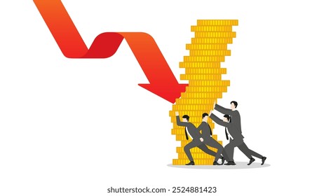 Equipe de empresários empurrando uma pilha de moedas para resistir a uma seta vermelha para baixo. Crise financeira e recessão econômica. Um estilo mínimo de um efeito da inflação, recessão, falência, e fracasso financeiro.