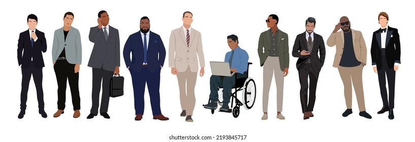 Businessmen team. Set of different male characters in suits. Vector illustration of diverse multinational cartoon men in office formal outfits. Isolated on white background. 