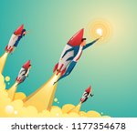Businessmen team standing on rocket ship flying through on sky. Start up business concept. Vector flat