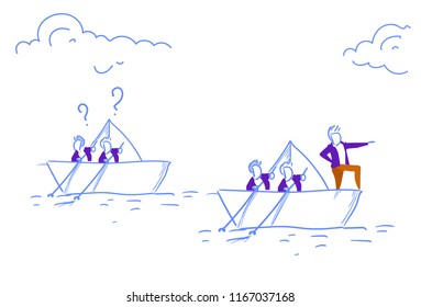 Businessmen team swimming paper boat leading business people teamwork question marks follow leadership concept successful direction sketch doodle vector illustration