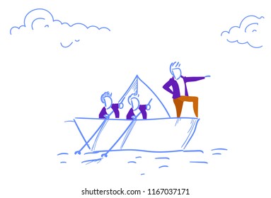 Businessmen team swimming paper boat leading business people teamwork leadership concept successful direction sketch doodle vector illustration