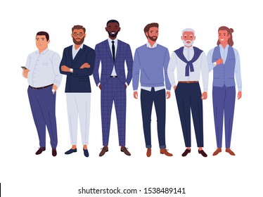 Businessmen team. Vector illustration of diverse standing cartoon men in office outfits. Isolated on white.