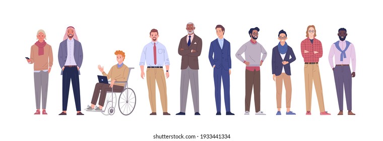 Businessmen team. Vector illustration of diverse multinational cartoon men in office outfits. Isolated on white.