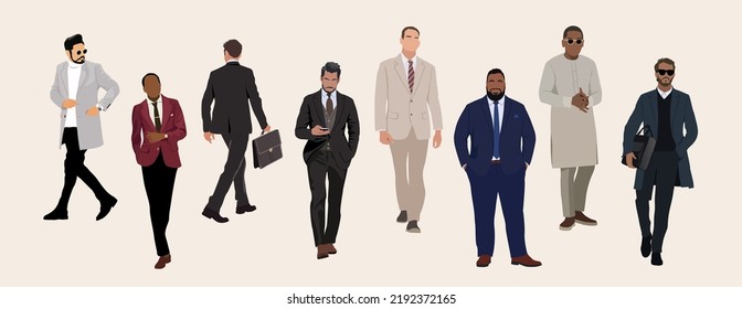 Businessmen team. Vector illustration of diverse multinational cartoon men in office outfits. Handsome stylish man wearing suits, business look. Isolated on white.